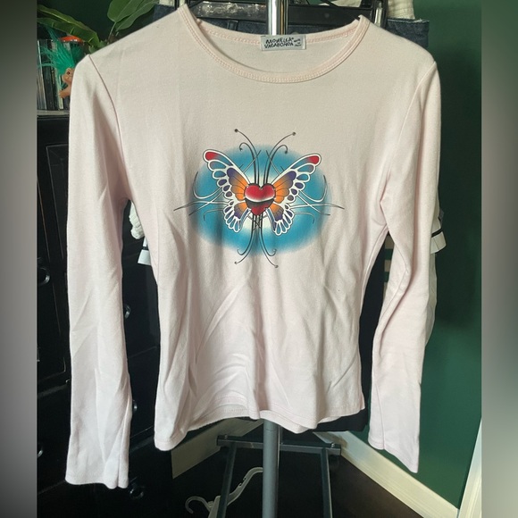 Y2K light pink tribal butterfly rhinestone tribal long sleeve - Picture 1 of 3